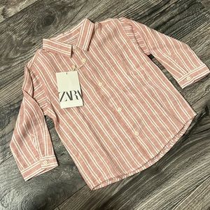 Zara linen blend cotton stripped shirt baby boy 12-18 months new pink white
